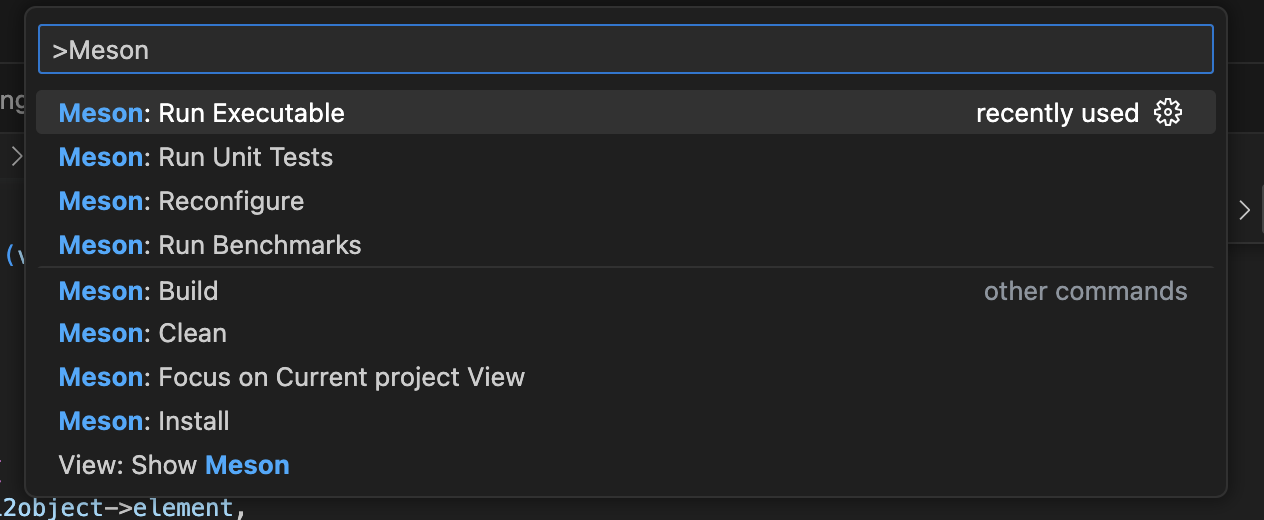 Meson tasks listed in the command palette 