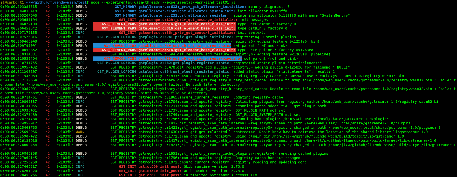 Capture of GStreamer logs running in a Node.js shell